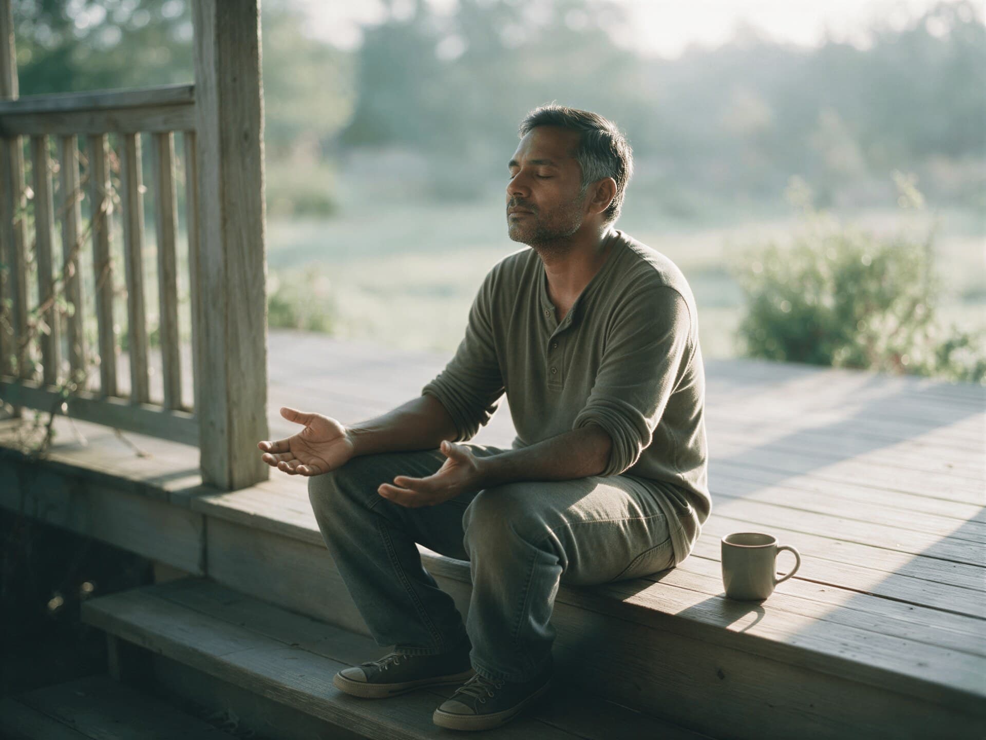 A man sitting on a porch step at dawn, eyes closed and hands resting open on his knees, his shoulders relaxed