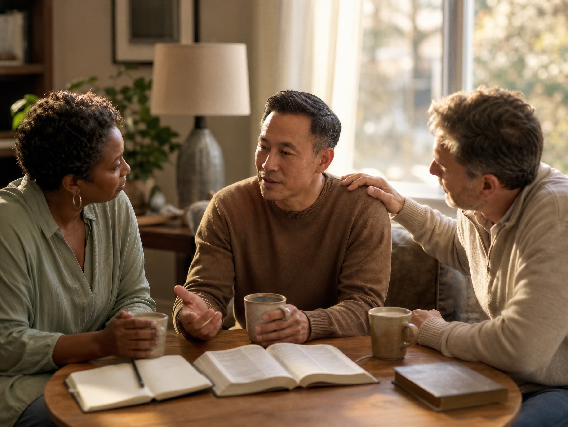 Three friends in conversation over coffee around a table with an open Bible